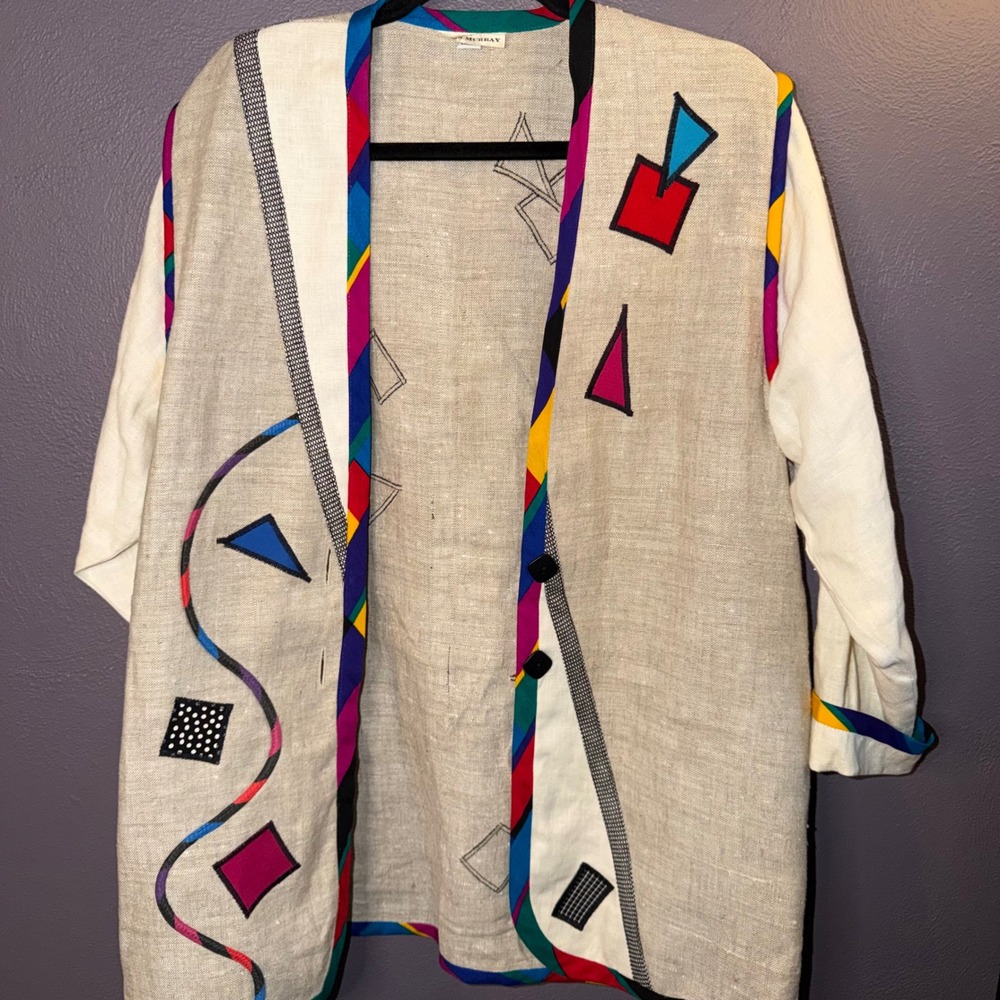 Lynn Murray Vintage 100% Linen Wearable Art Jacket Geometric Approx L/XL